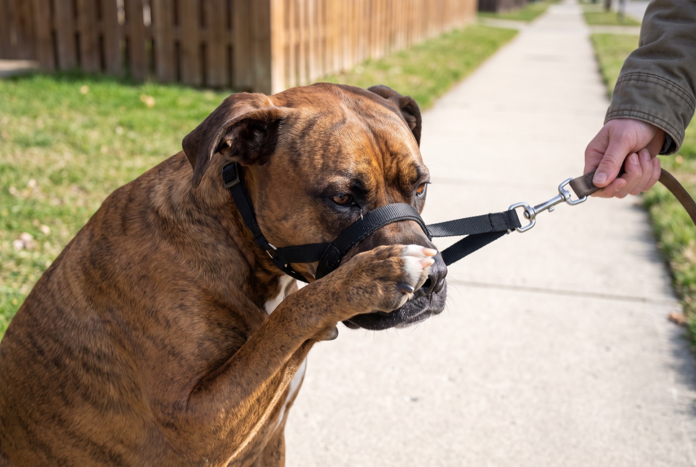 A dog wearing a head halter and pawing at its face