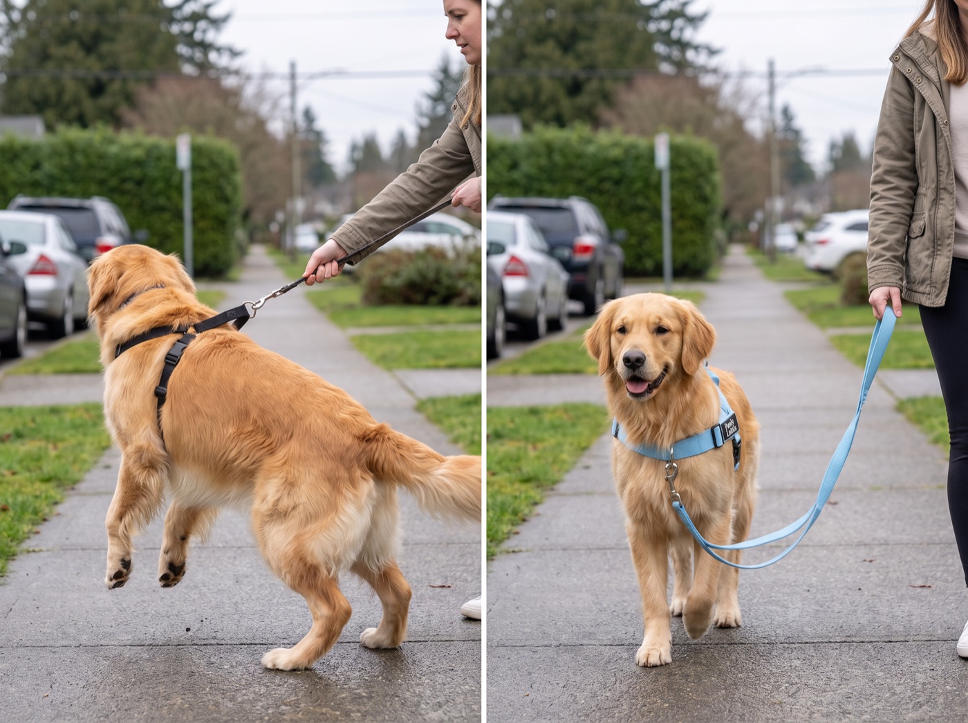 The same golden retriever on a back-clip harness pulling hard, and on a front-clip harness walking calmly