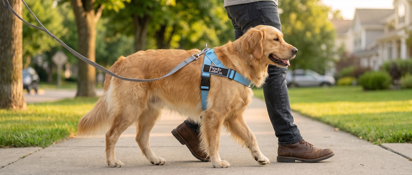 A golden retriever walking calmly on a loose leash wearing the front-clip harness